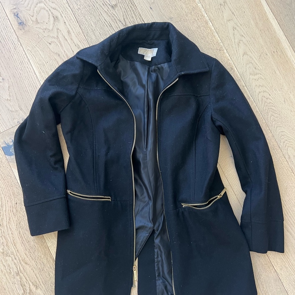 Michael Kors Black Trench Coat with Gold Accents